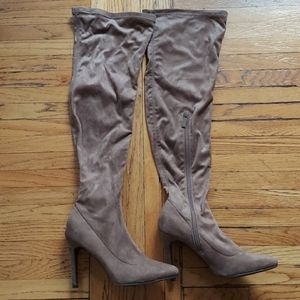 Taupe, suede over the knee high heel boots